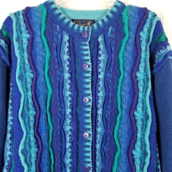Tulchan Men's Coogi Style Vintage Wool Cardigan Sweater 3D Blue Green Size S/M - Picture 14 of 14